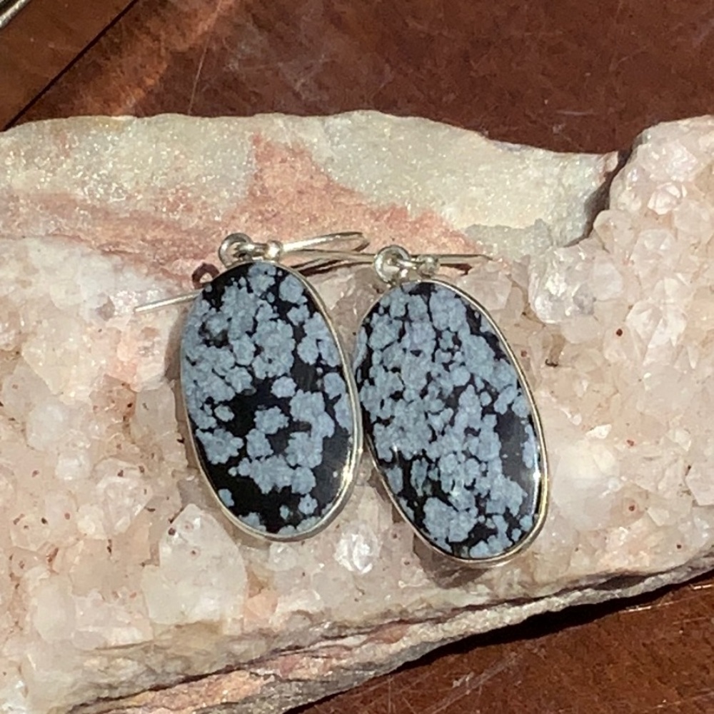 NATURAL OBSIDIAN SNOWFLAKE 925 STERLING SILVER EARRINGS